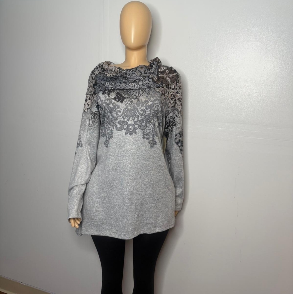 Cactus+Pearl Elegant Gray and Black Lace Patterned Top Size XXL